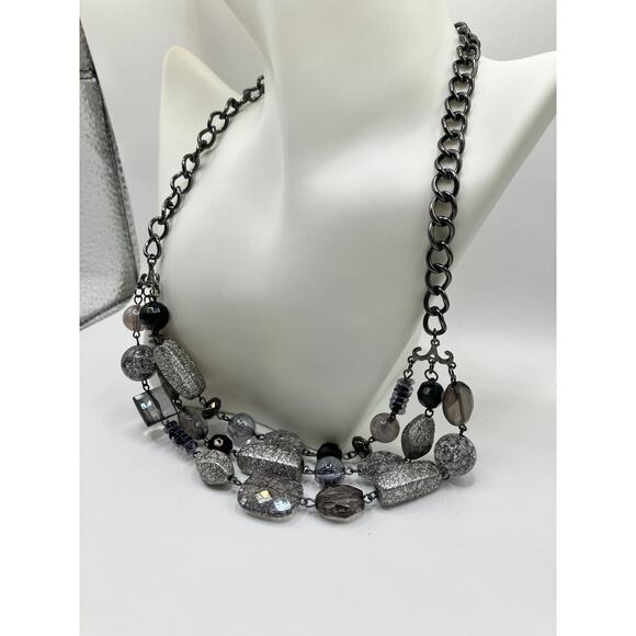 3 Tier Sparkly Silver-Tone, Gray & Clear Beaded Chain 24.5" Necklace! - Picture 5 of 11